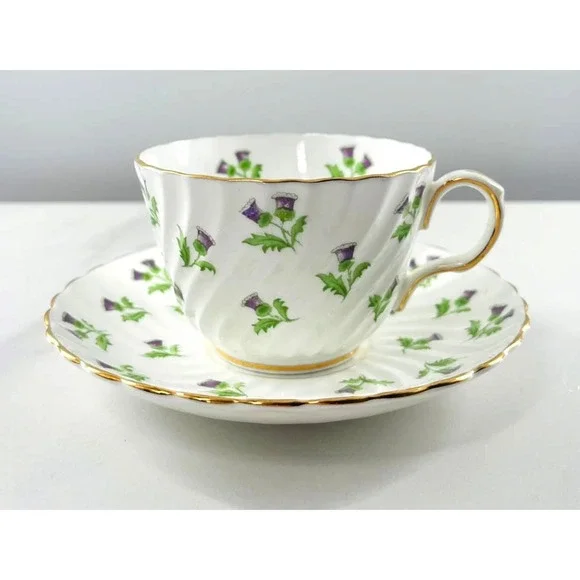 AYNSLEY BONE CHINA TEACUP & SAUCER SET / PURPLE THISTLE / MADE IN ENGLAND - Picture 1 of 10